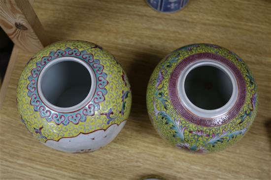 A Chinese enamelled biscuit vase, a blue and white sleeve vase and a pair of jars and covers sleeve vase 22cm